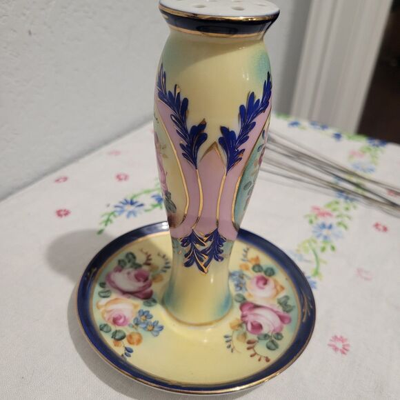 Antique Limoges Porcelain Hat Pin Holder W/ Trinket Dish Gold Trim France Floral - Picture 8 of 12